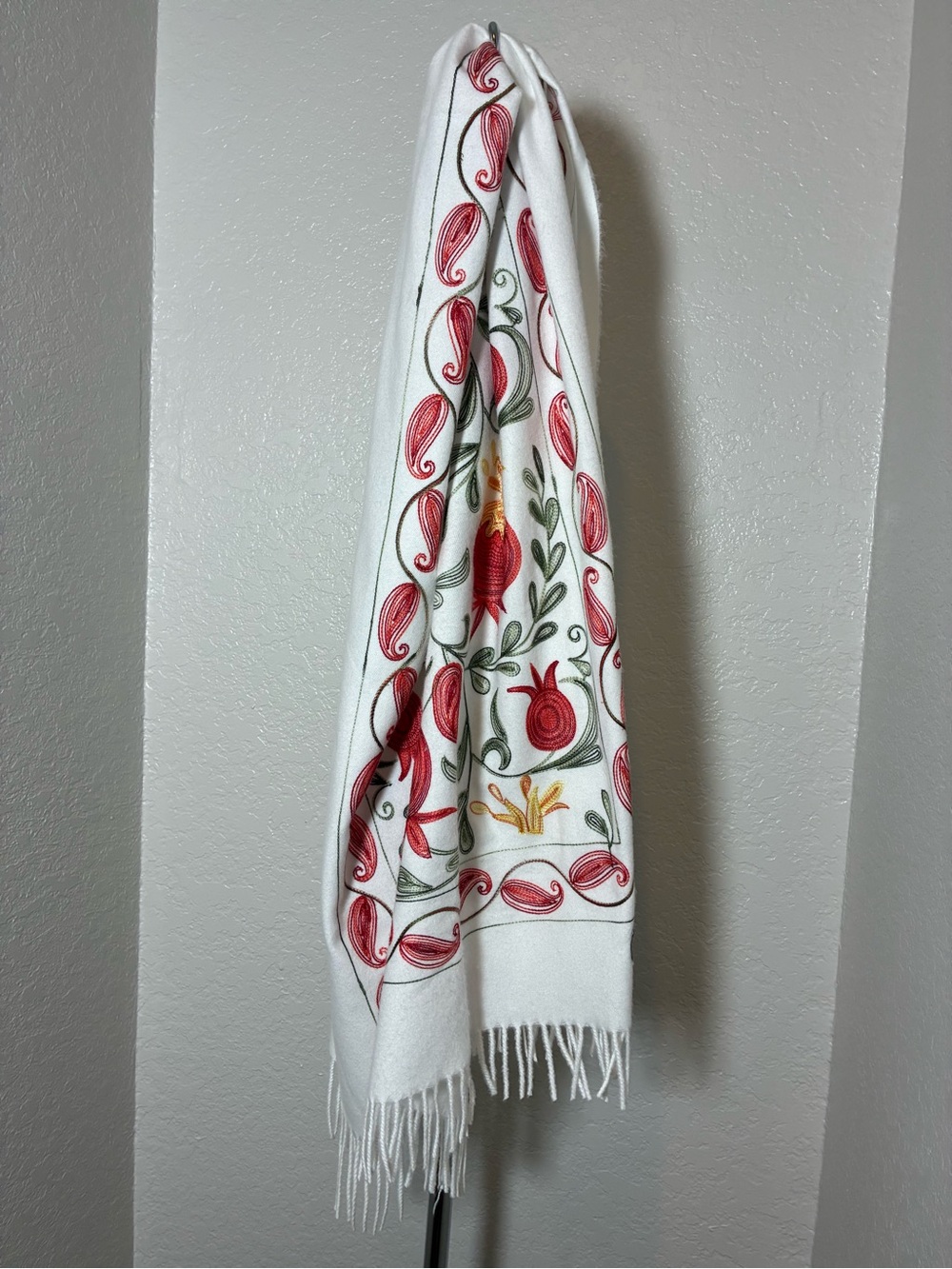 Cashmere 💯 Wool Scarf Wrap with Red and Green Pomegranate Motif